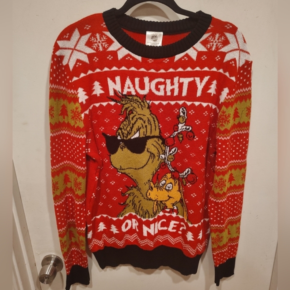 The Grinch Naughty Or Nice Graphic Print Ugly Christmas Holiday Sweater Sz L - Picture 1 of 6